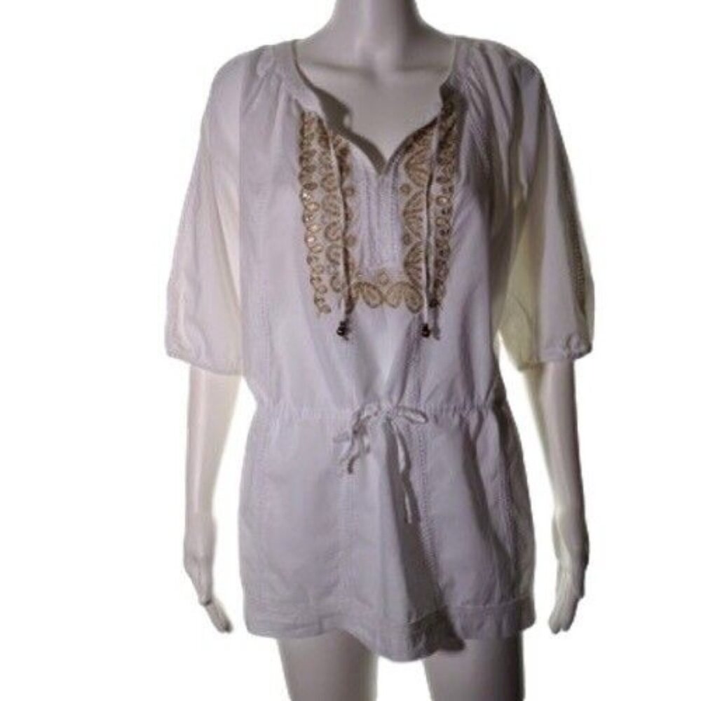 Alfani Tunic Top Size 6 P Womens Boho White with Gold Embroidery Pullover